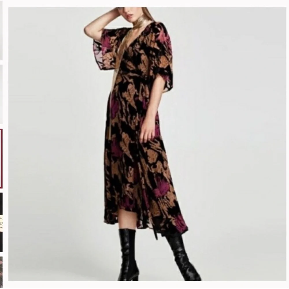 ZARA FLORAL VELVET WRAP MIDI DRESS - Picture 3 of 8
